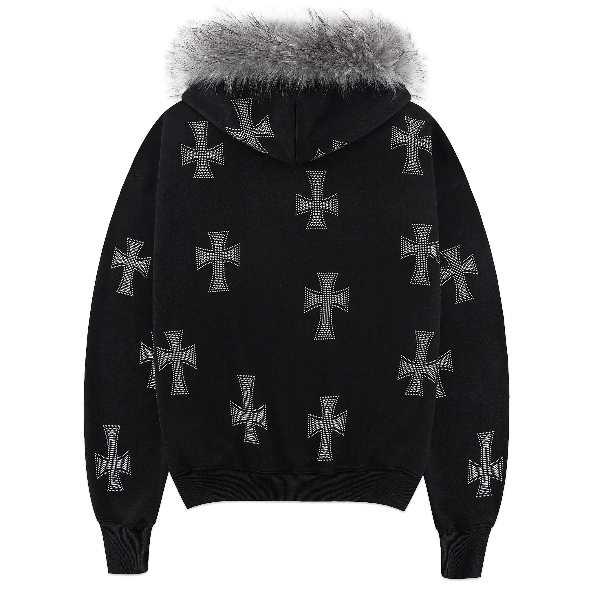 Cross Rhinestone Faux Fur Zip Hoodie - UNKNOWN LONDON - VENTURER