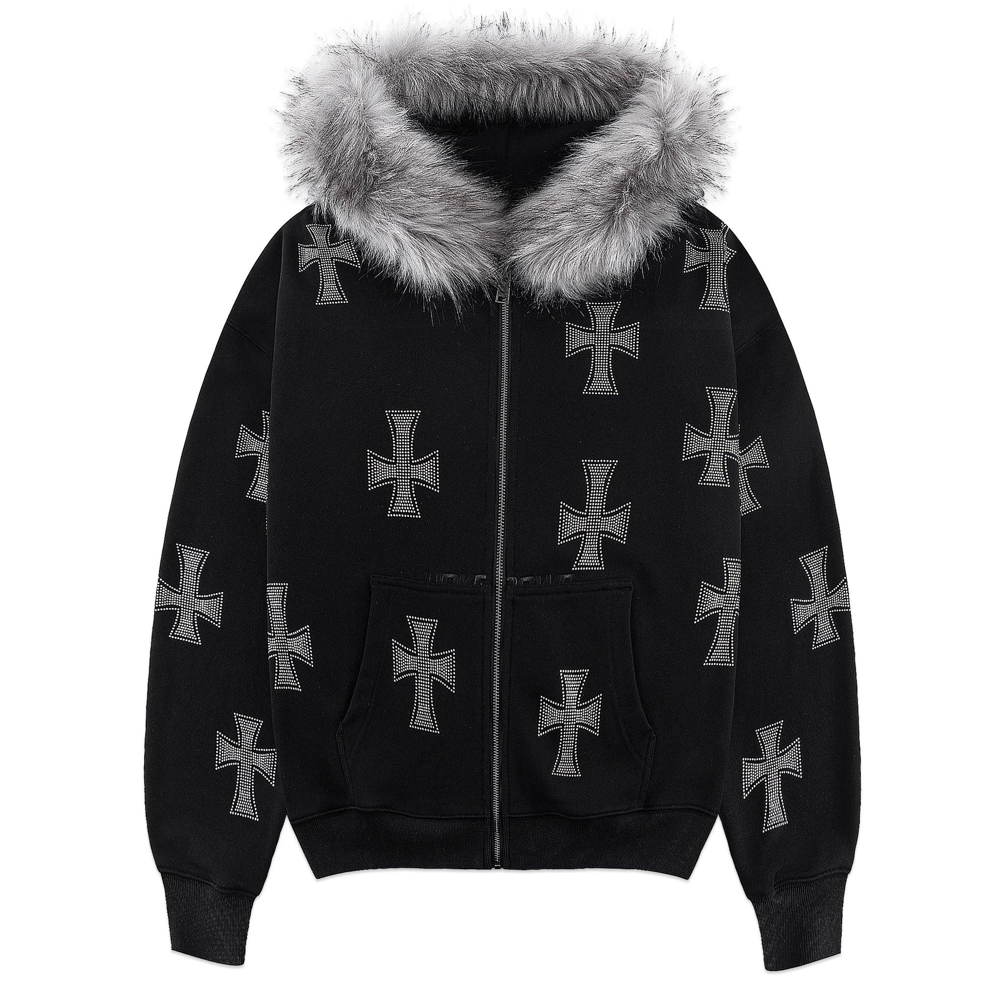 Cross Rhinestone Faux Fur Zip Hoodie - UNKNOWN LONDON - VENTURER