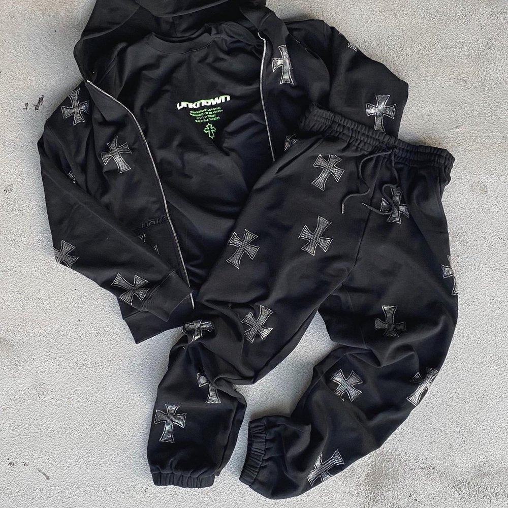 Cross Rhinestone Zip Up Hoodie