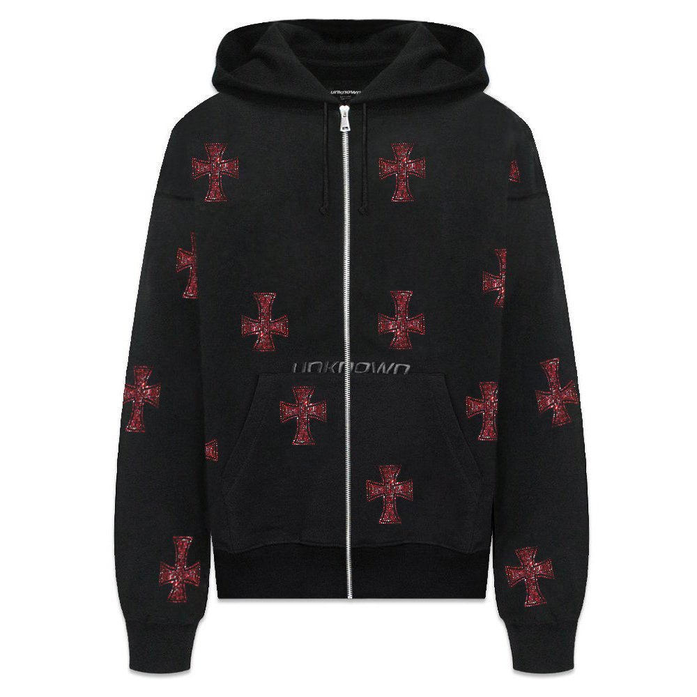Cross Rhinestone Zip Up Hoodie