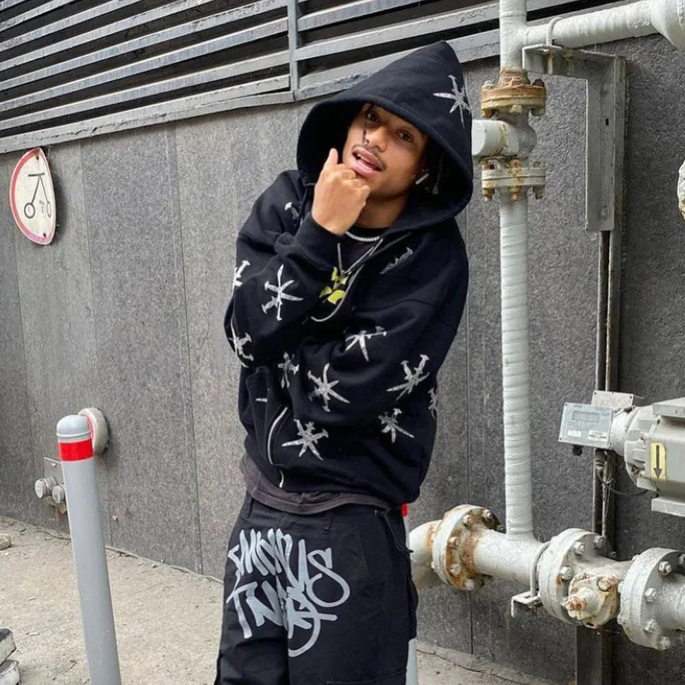 UNKNOWN LONDON Product Page - Dagger Rhinestone Zip Hoodie - Black