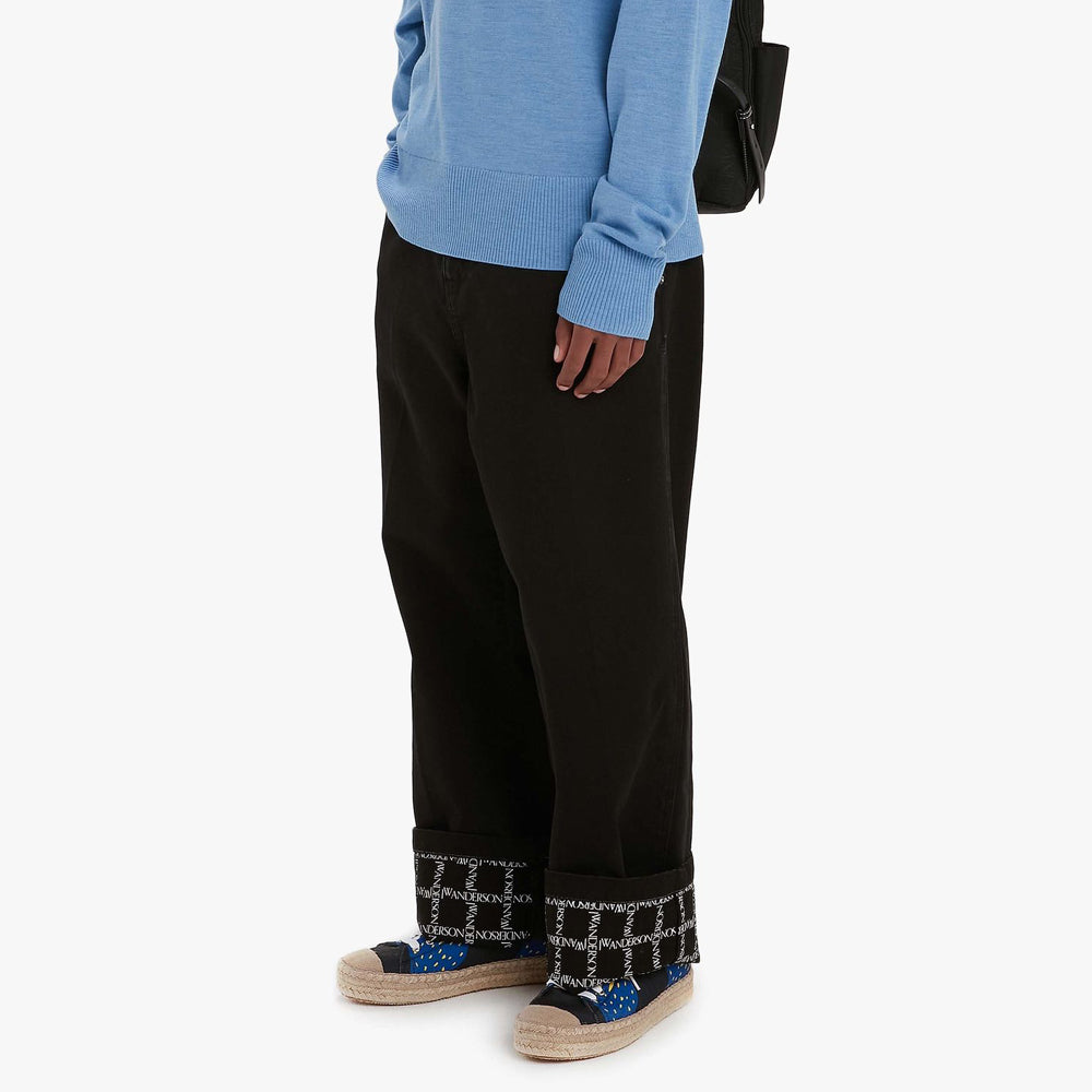 Logo Grid Cuff Wide Leg Jeans