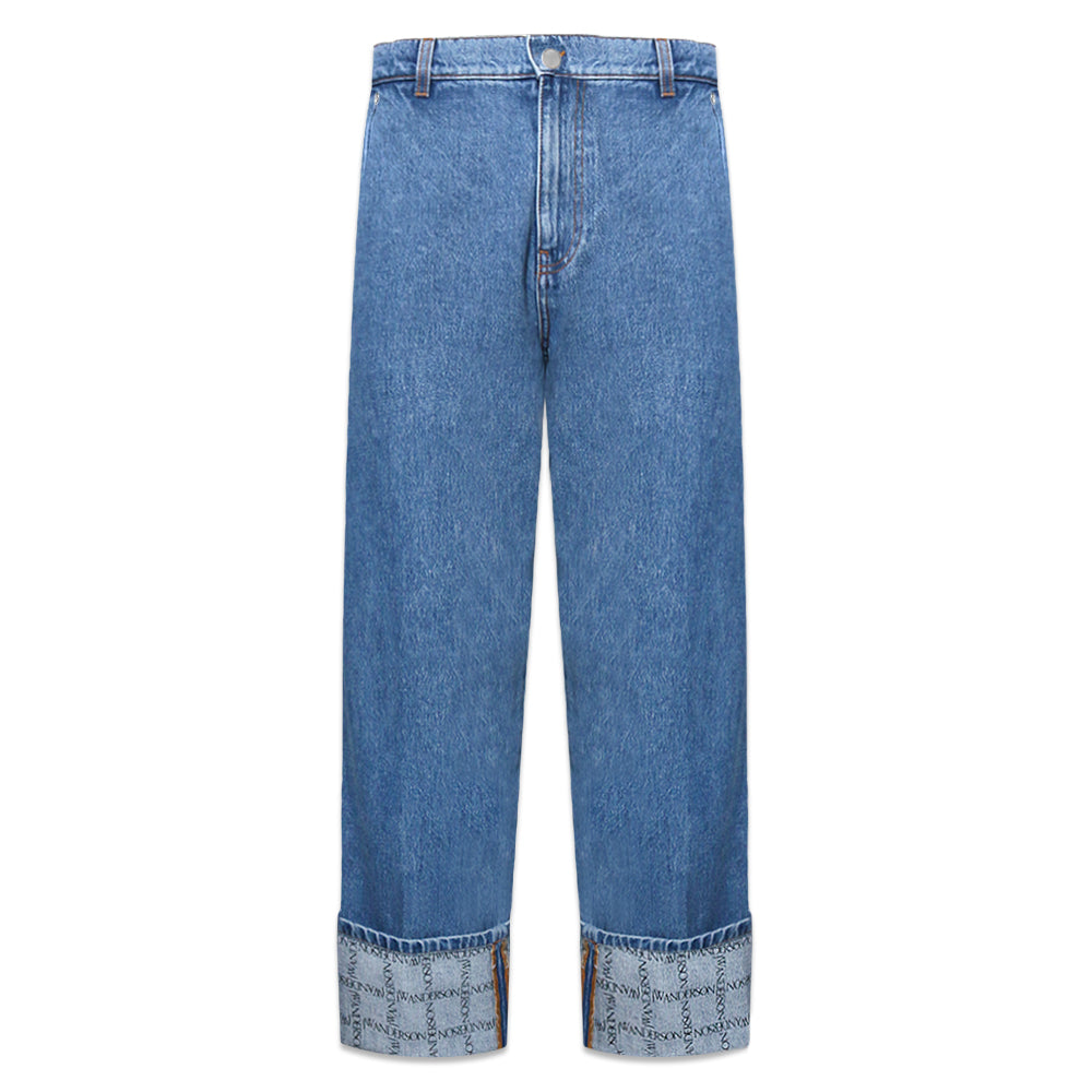 Logo Grid Cuff Wide Leg Jeans