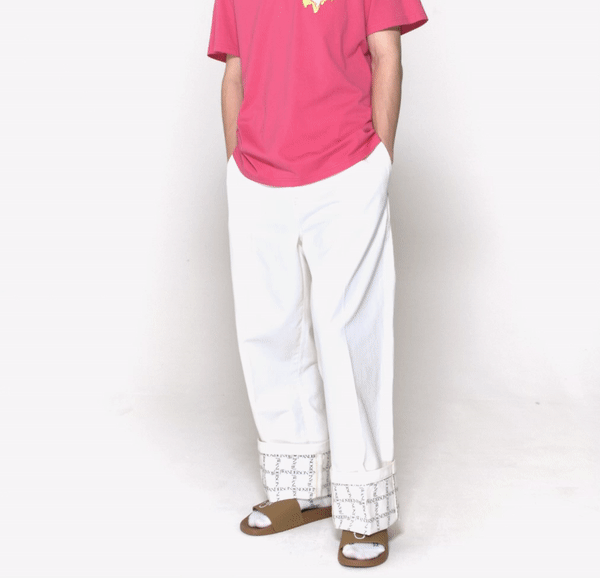 Logo Grid Cuff Wide Leg Jeans