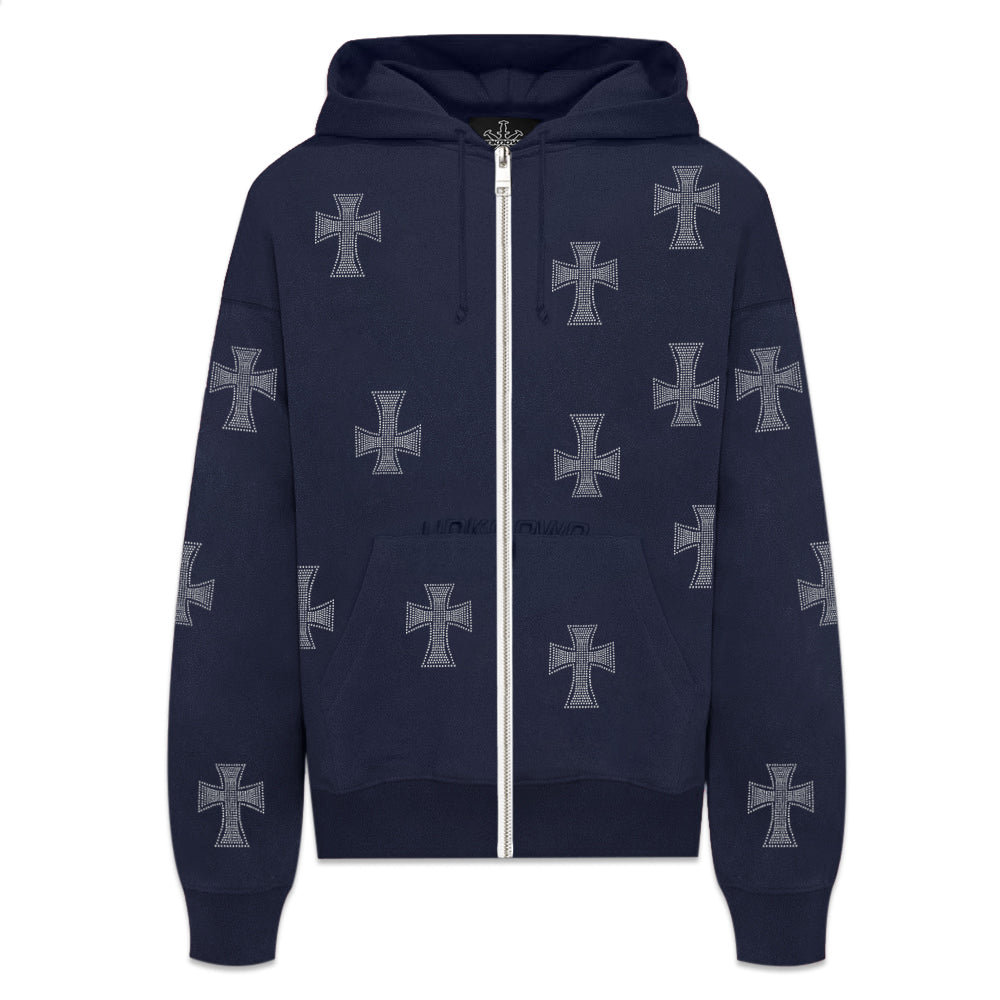 Cross Rhinestone Zip Up Hoodie