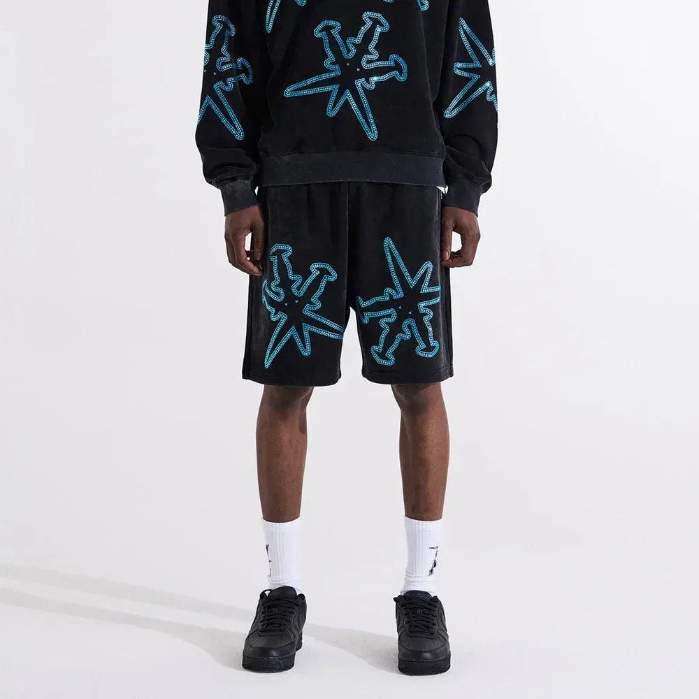UNKNOWN LONDON Product Page - XL Dagger Rhinestone Shorts - Black