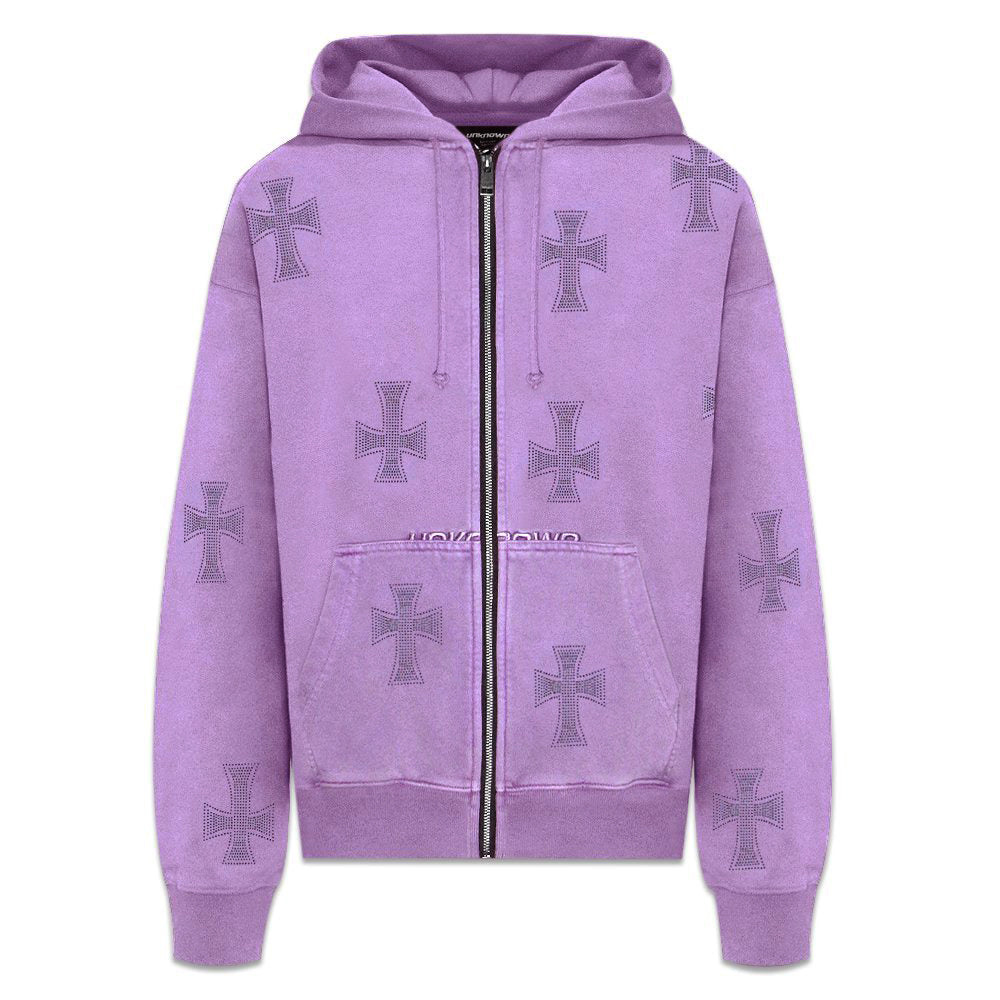 Cross Rhinestone Zip Up Hoodie