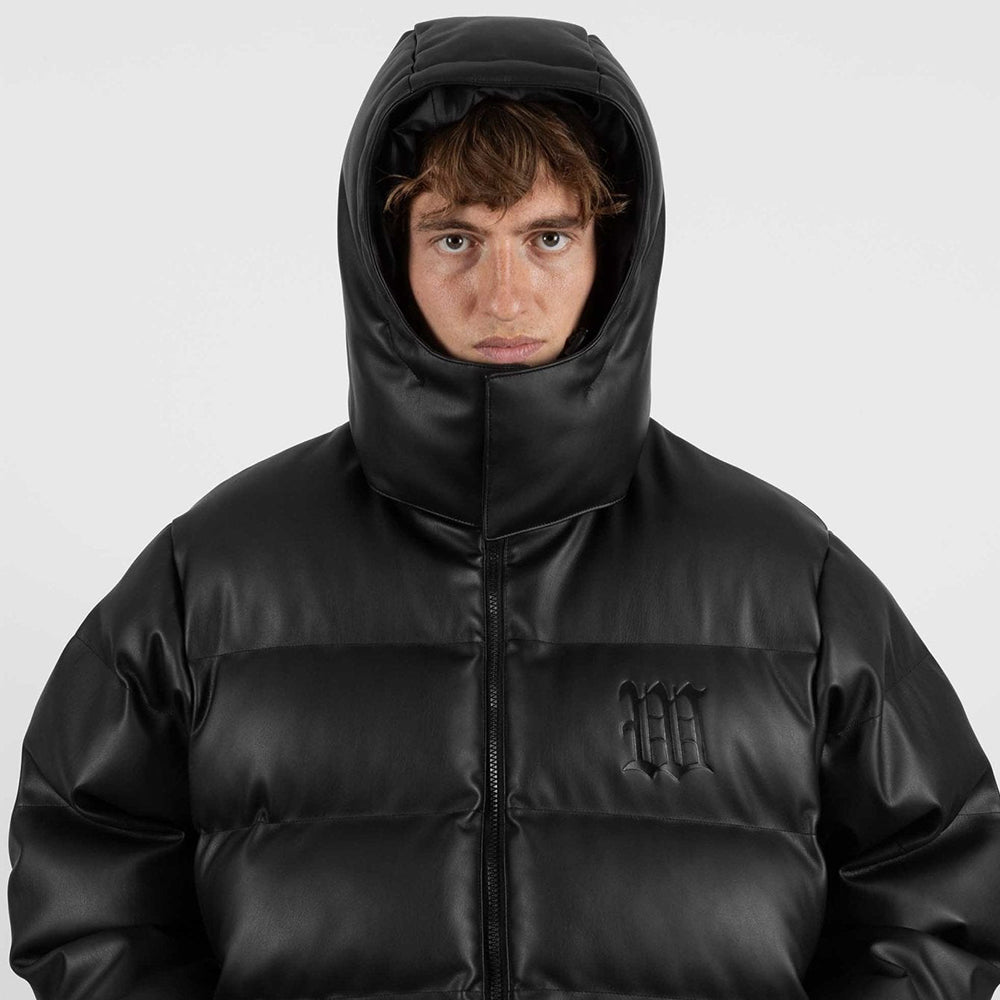 Faux Leather Hood Puffer Jacket