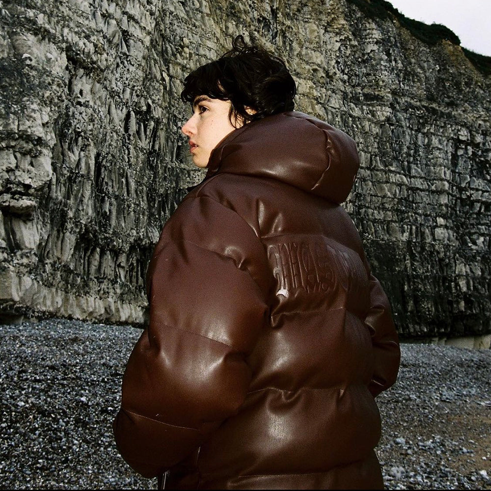 Faux Leather Hood Puffer Jacket