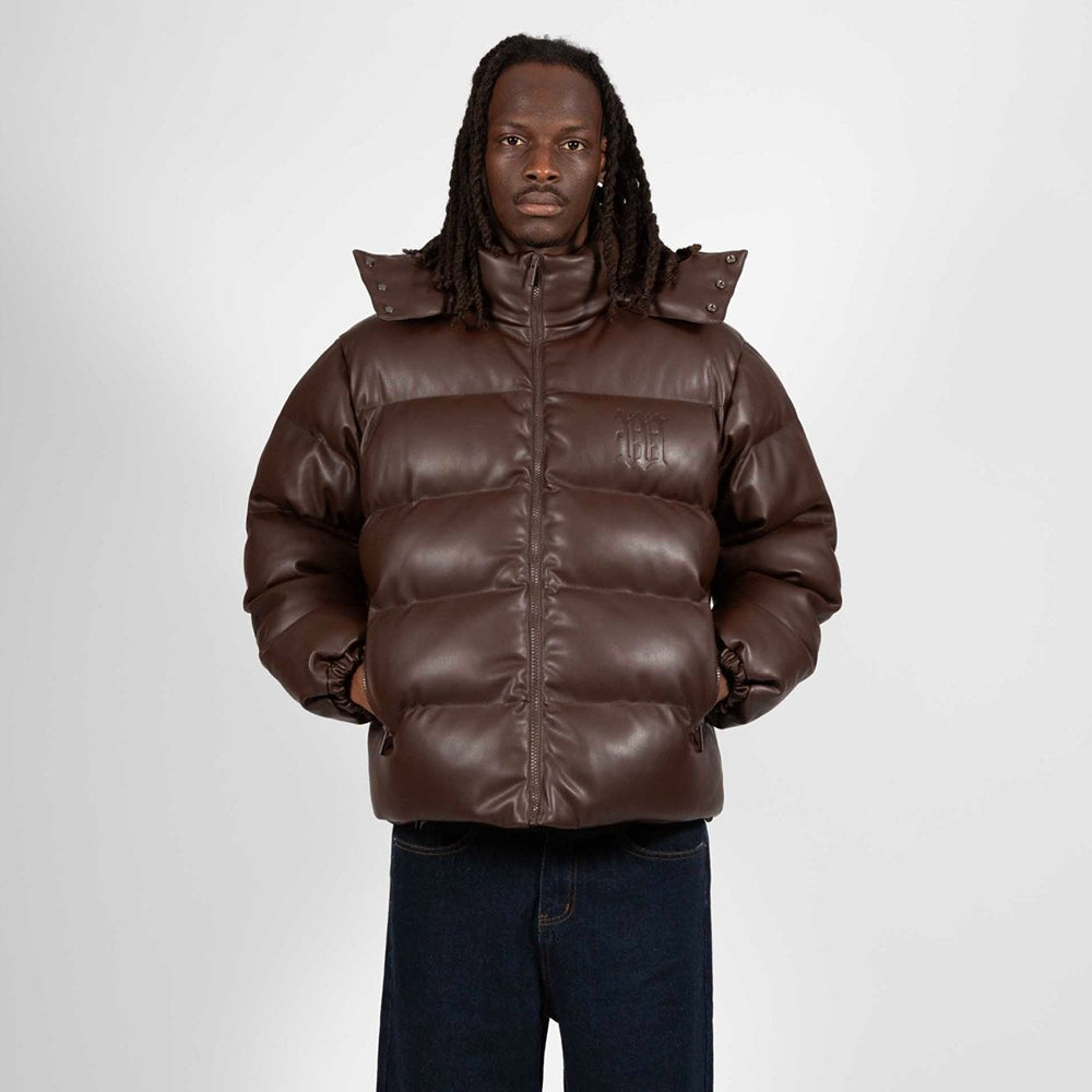 Faux Leather Hood Puffer Jacket