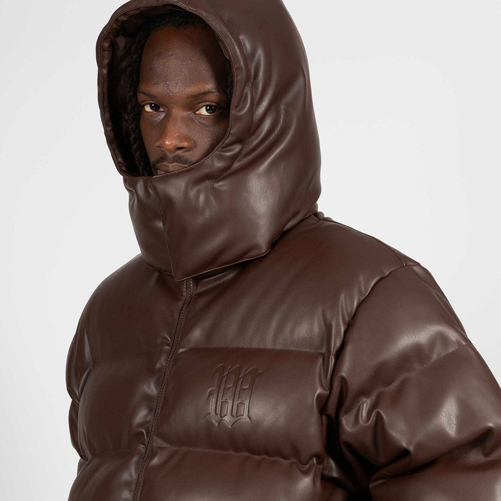 Faux Leather Hood Puffer Jacket