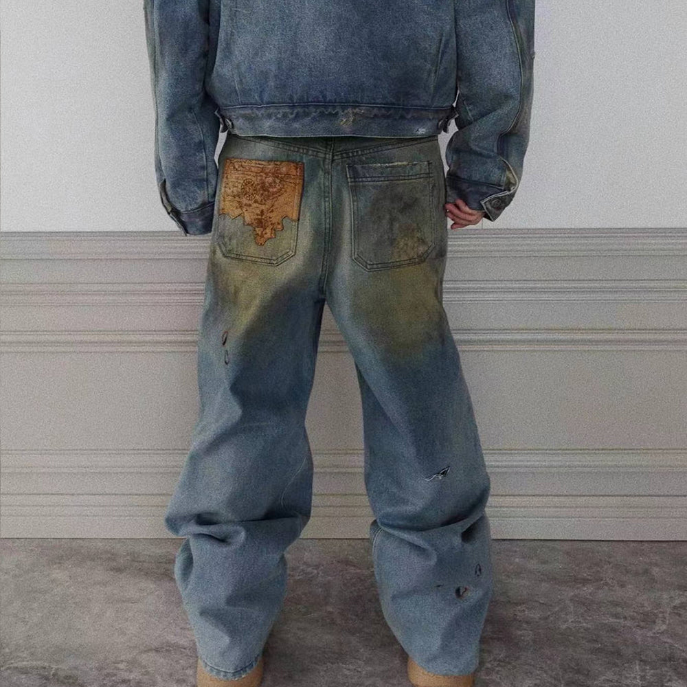 Dirty-Washed Brushing Wax Baggy Denim