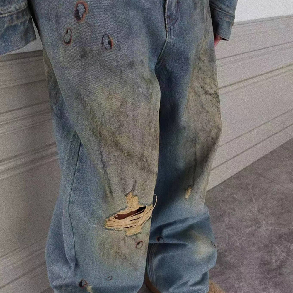 Dirty-Washed Brushing Wax Baggy Denim