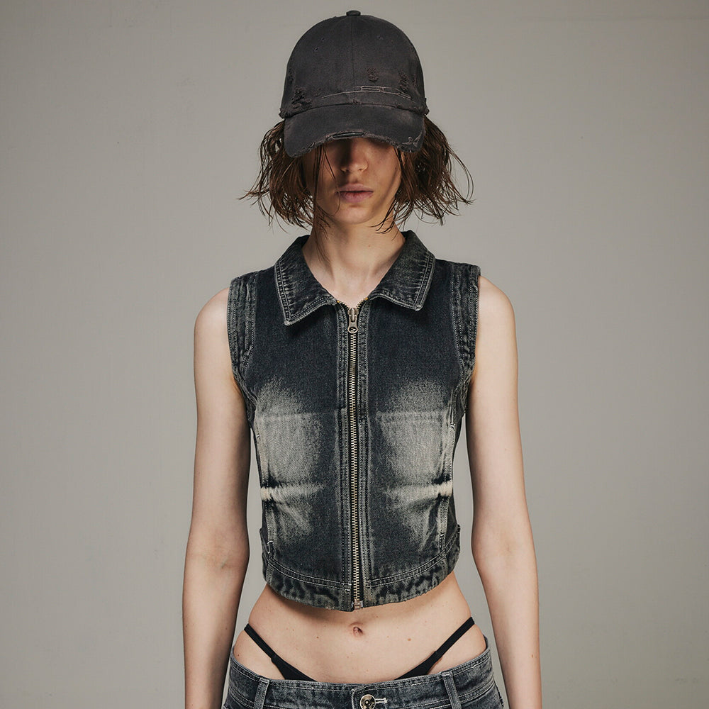 Curved Logo Damaged Denim Cap