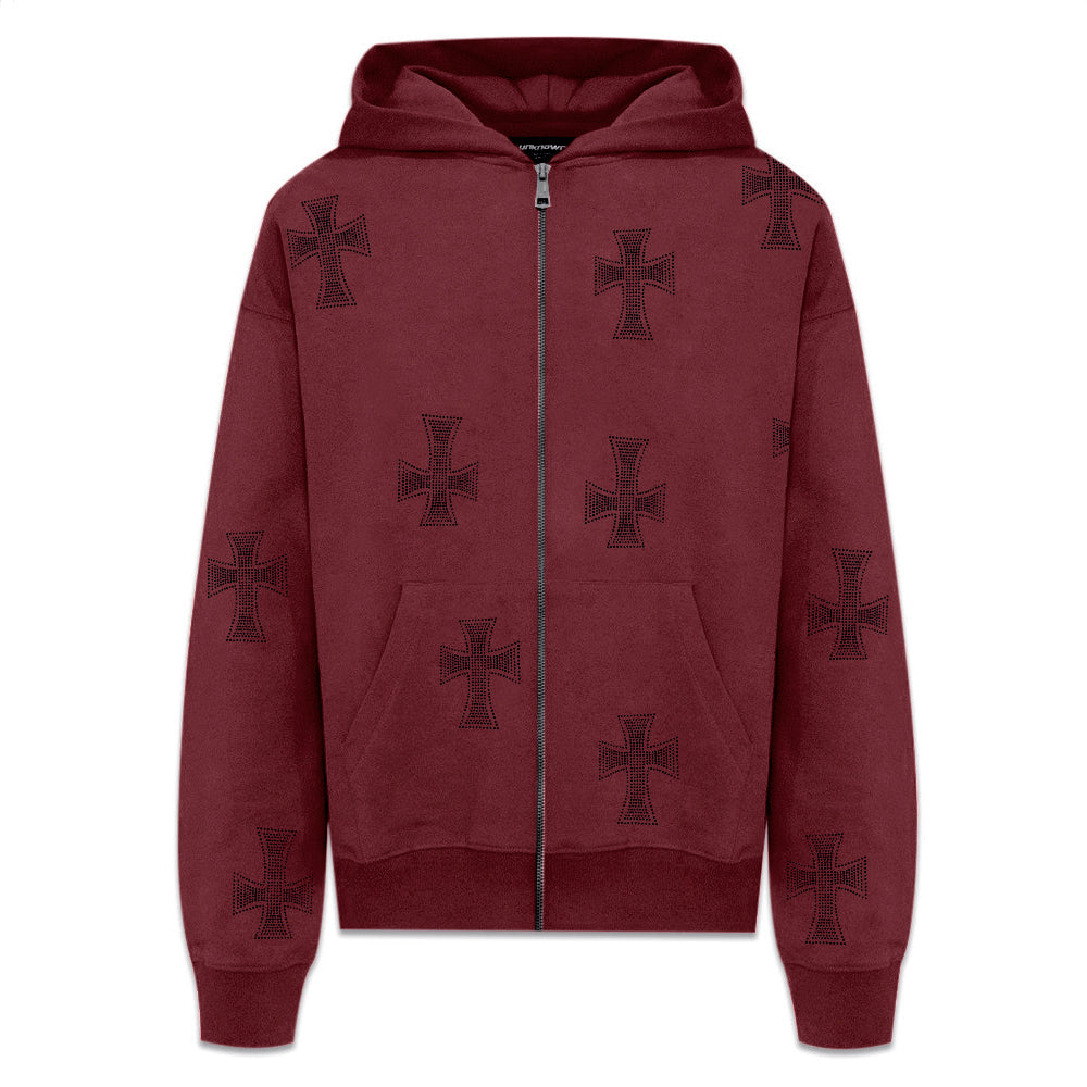 Cross Rhinestone Zip Up Hoodie