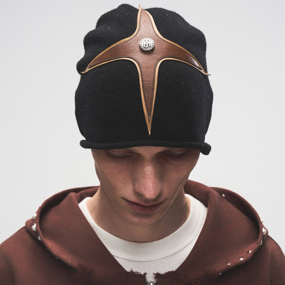 Cross Patch Leather Beanie