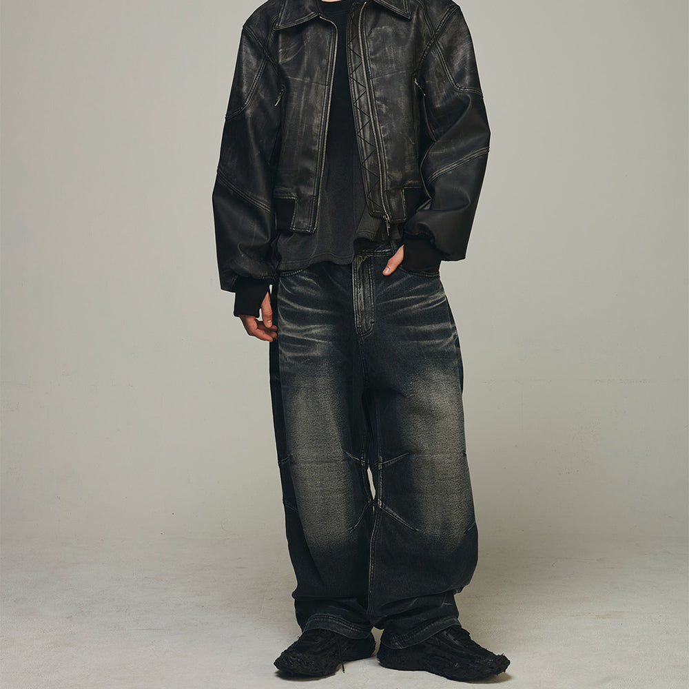 Embossed Wave Washing Wide Denim Pants