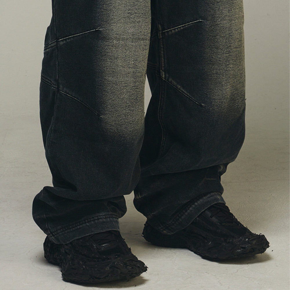 Embossed Wave Washing Wide Denim Pants