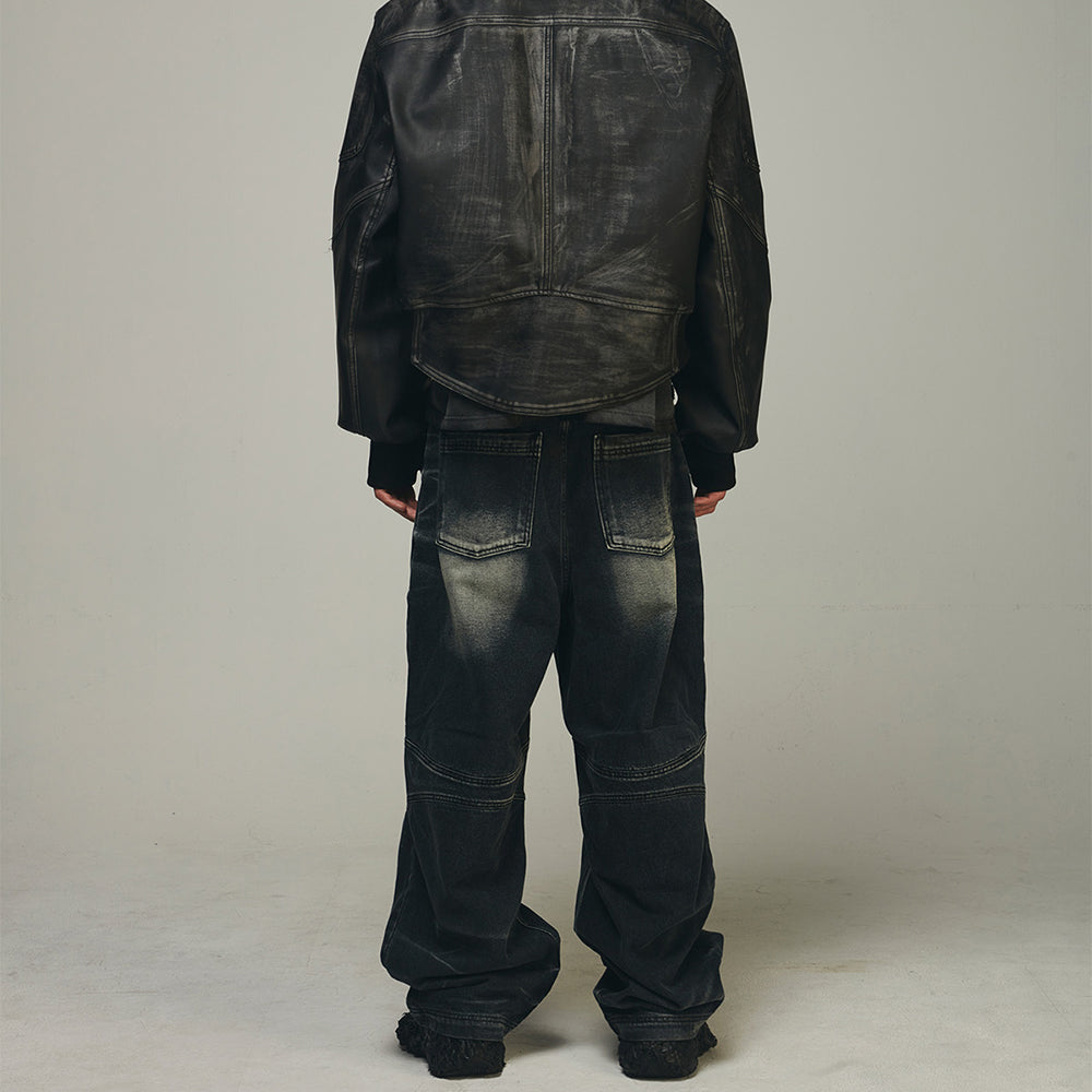 Embossed Wave Washing Wide Denim Pants