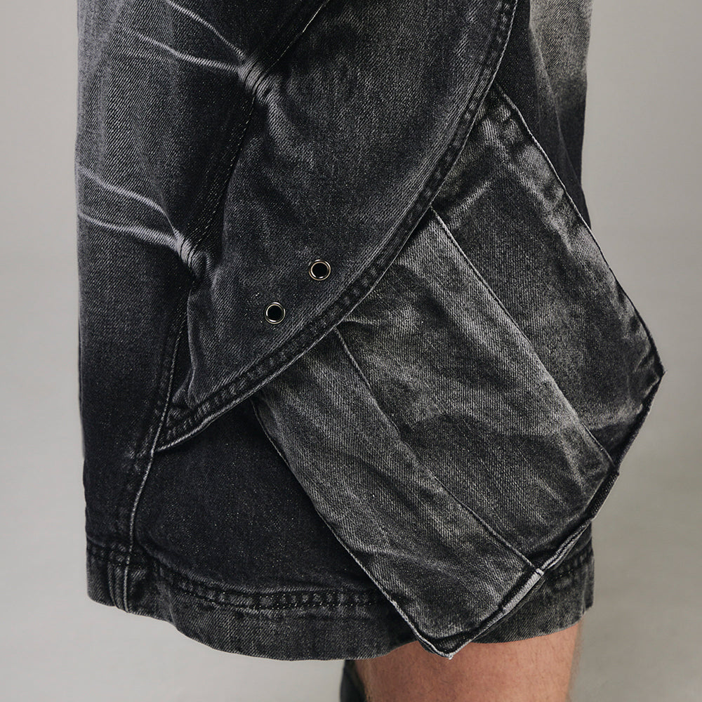 Curved Cover Cargo Bermuda Washing Denim Shorts