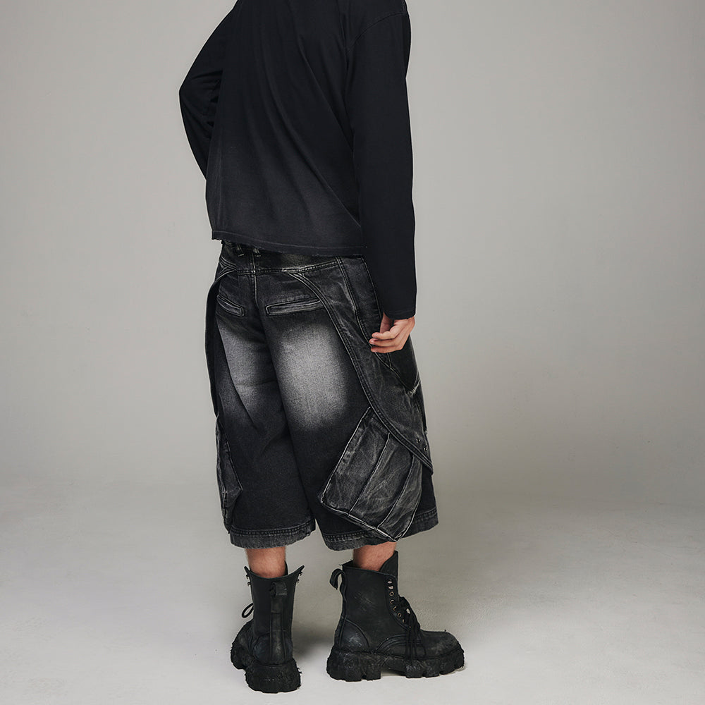 Curved Cover Cargo Bermuda Washing Denim Shorts