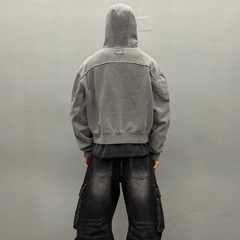 Bleached Curved Incision Zip Hoodie