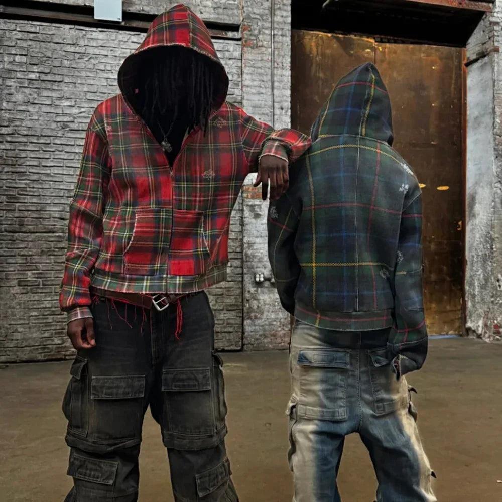 XWORE NYC Product Page - Tartan Plaid Zip Up Hoodie - Red-Plaid
