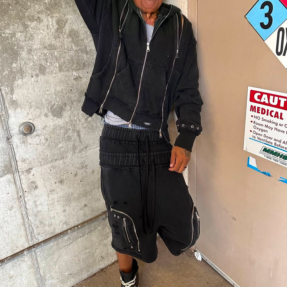 Distressed Triple Zip Hoodie