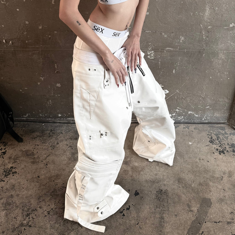White Ghidorah Chaos Leather Cargo Pants