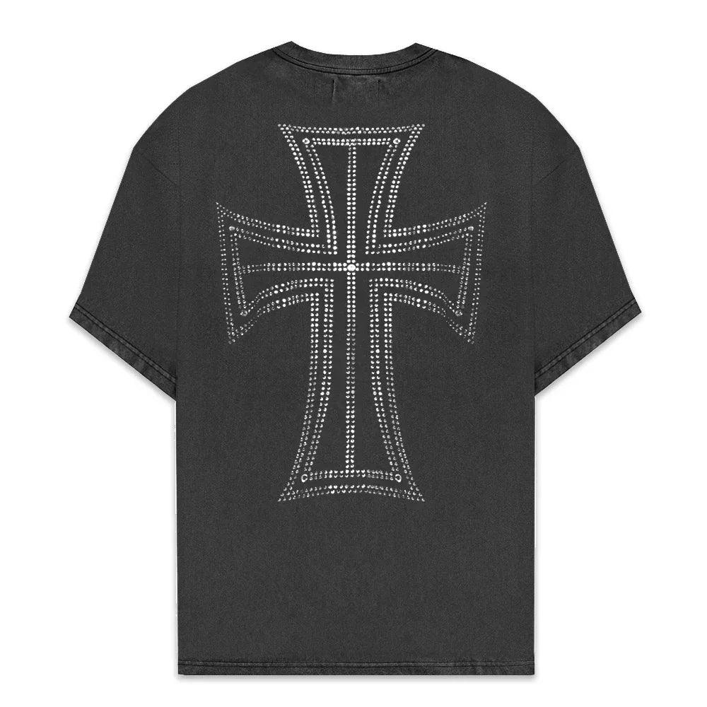 UNKNOWN LONDON Product Page - Outline Cross Rhinestone Tee - Black