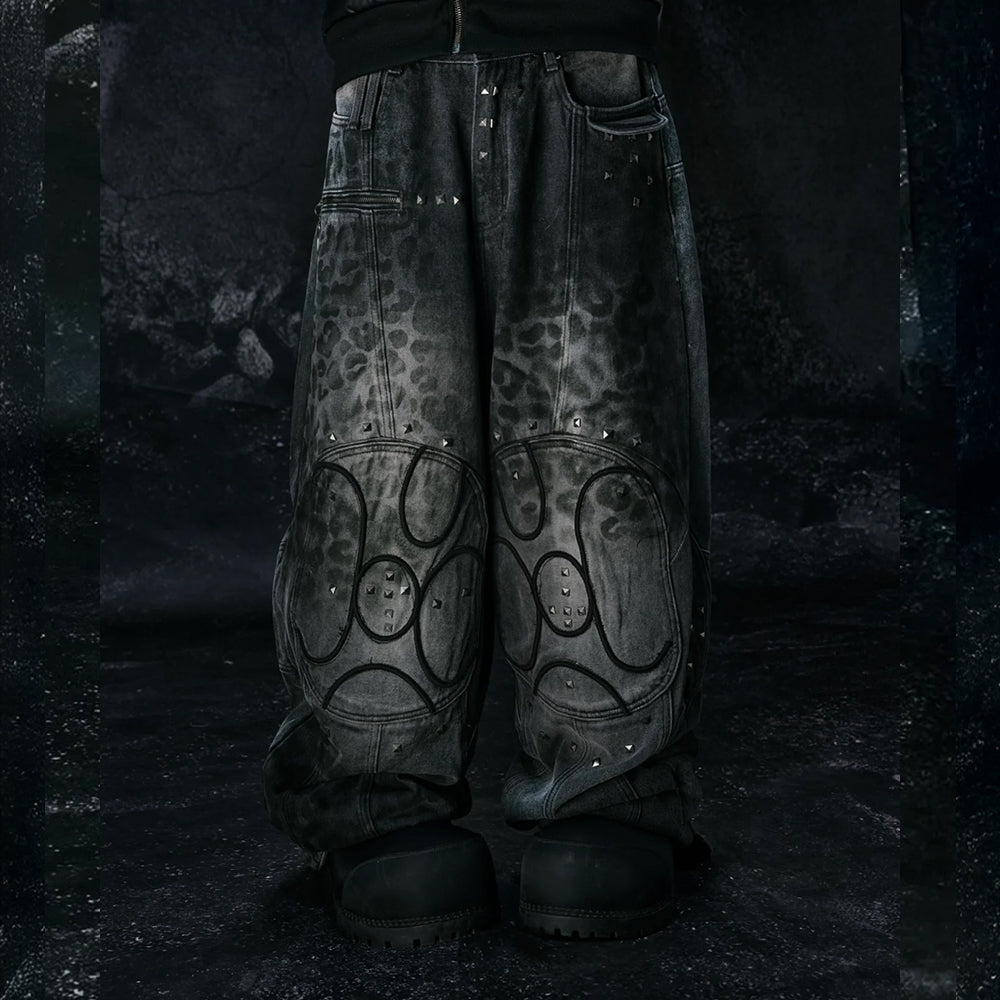 Leopard Waxed Grey Baggy Jeans