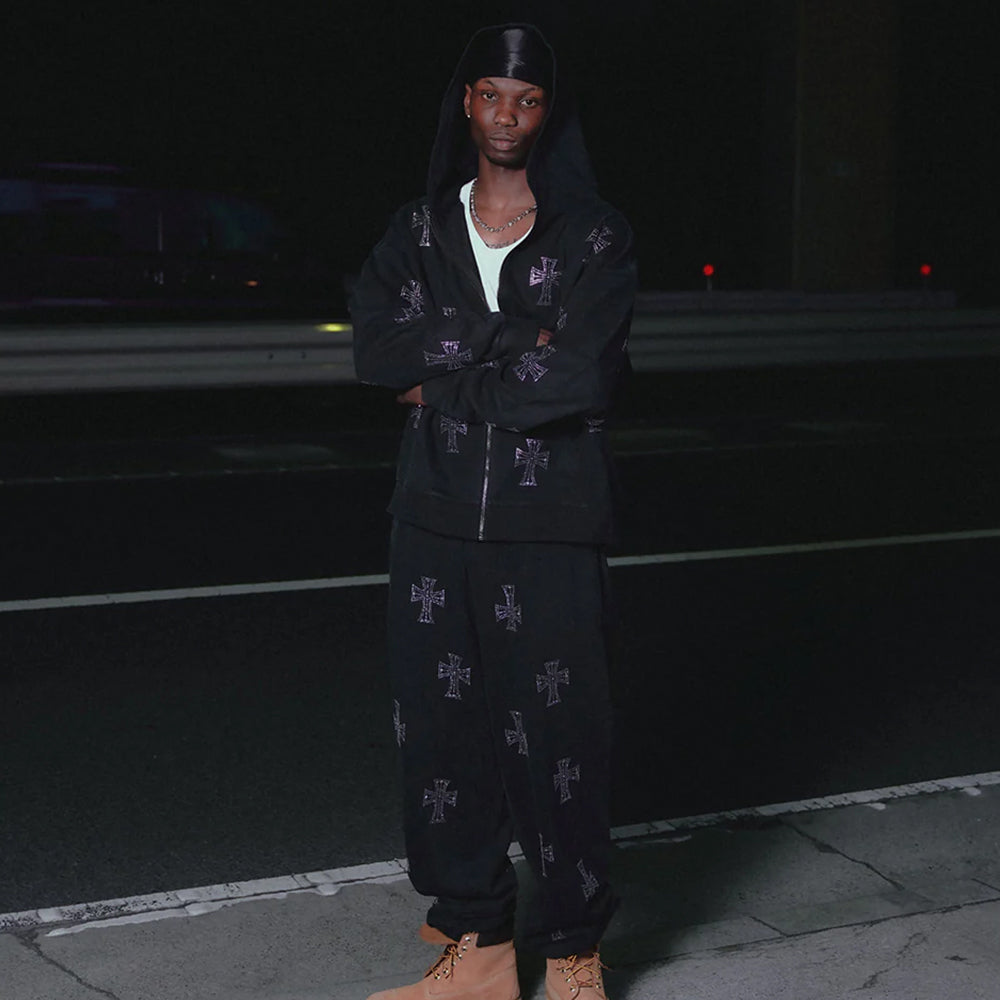 Outline Cross Rhinestone Sweatpants