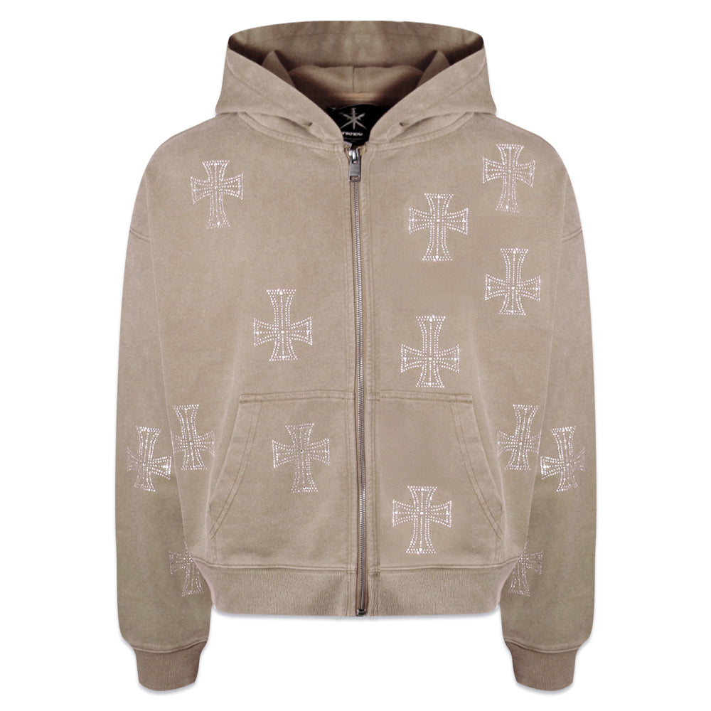 Outline Cross Rhinestone Zip Hoodie