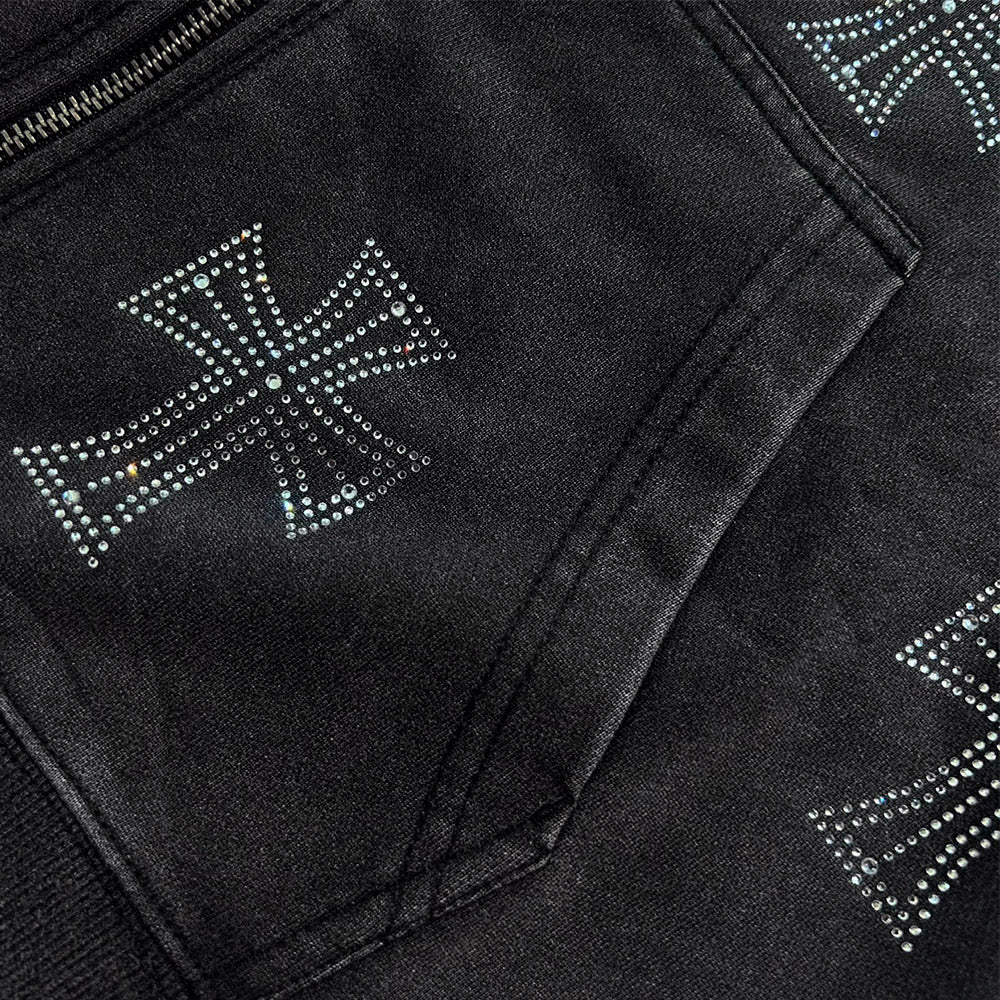 Outline Cross Rhinestone Zip Hoodie