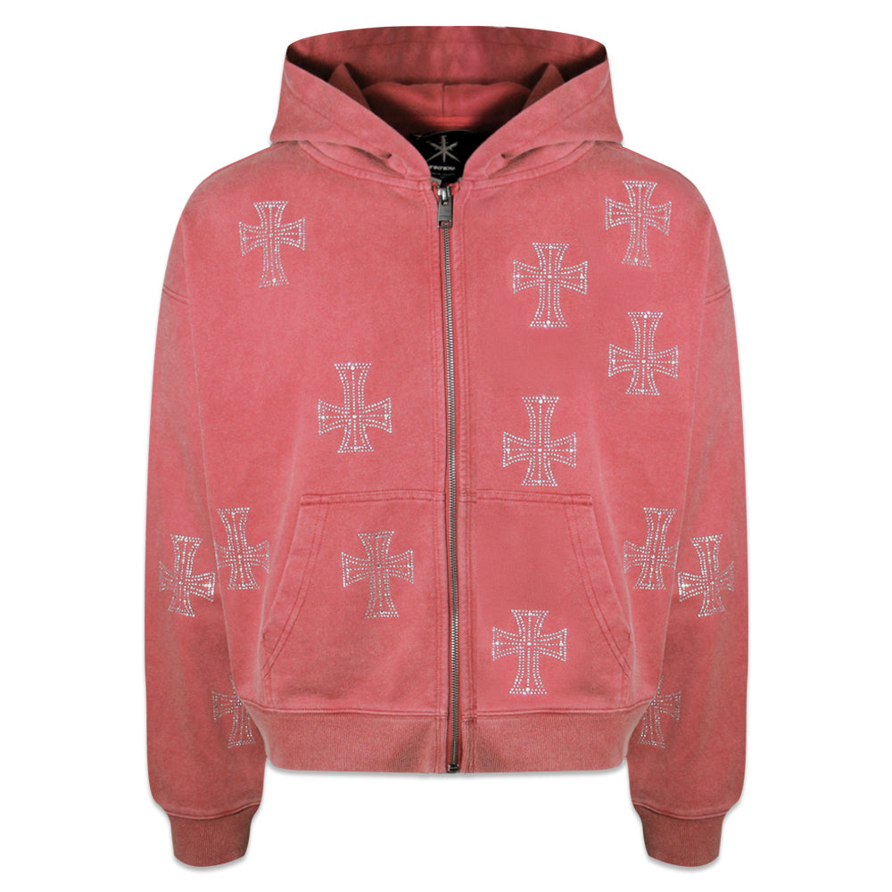 Outline Cross Rhinestone Zip Hoodie