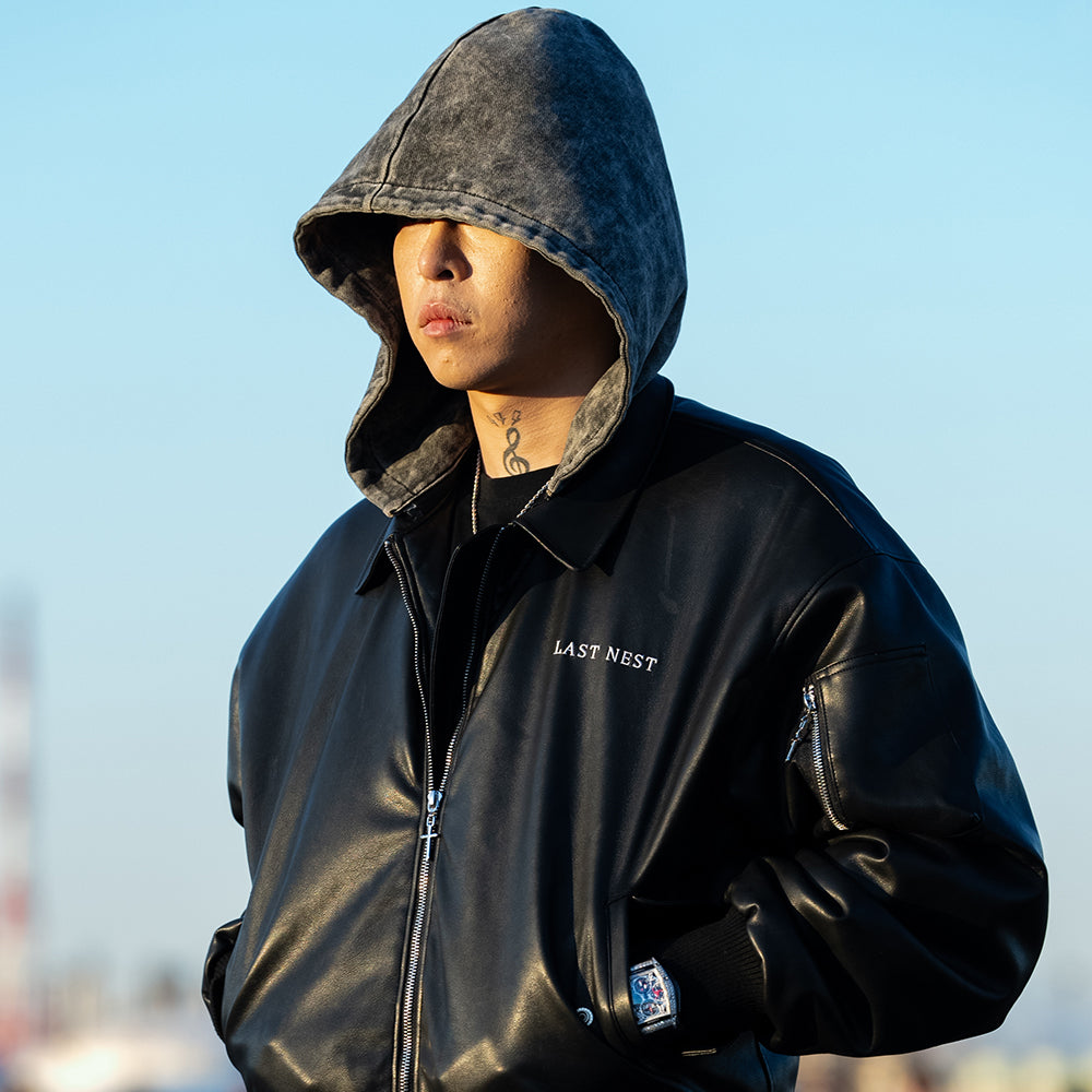 Hooded Faux Leather Flight Jacket