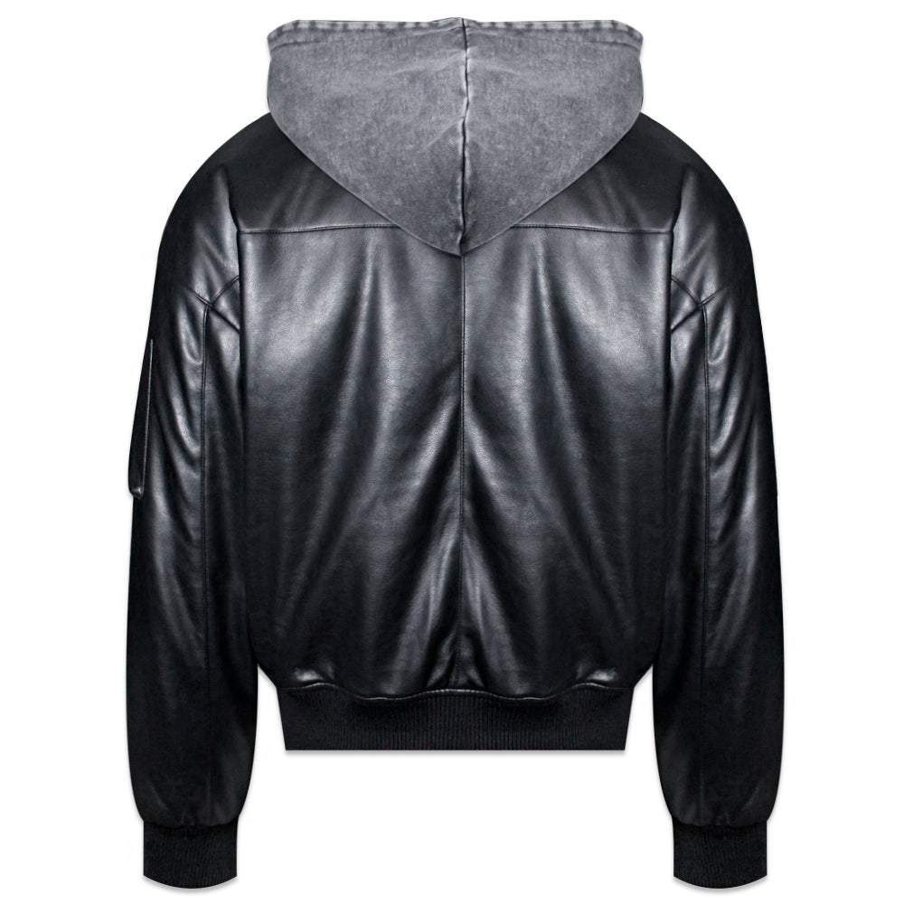 Hooded Faux Leather Flight Jacket