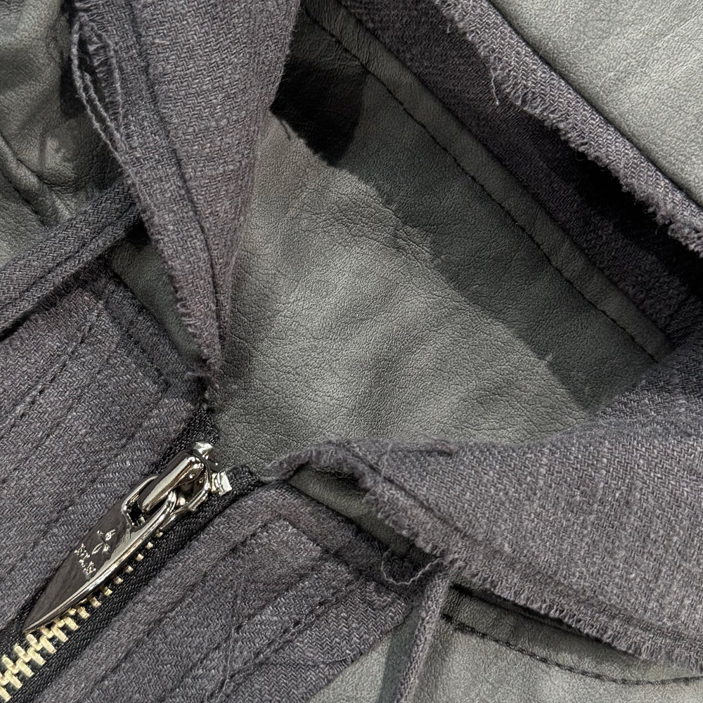 Destroyed Leather and Linen Hoodie Zip-up Jacket