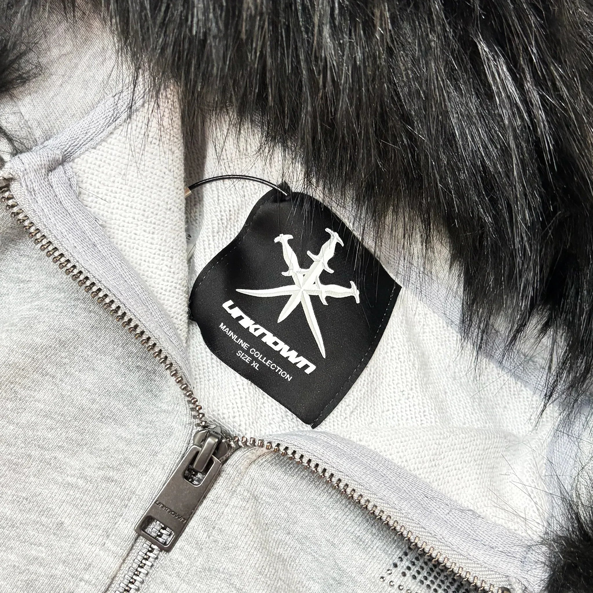 Cross Rhinestone Faux Fur Zip Hoodie - UNKNOWN LONDON - VENTURER