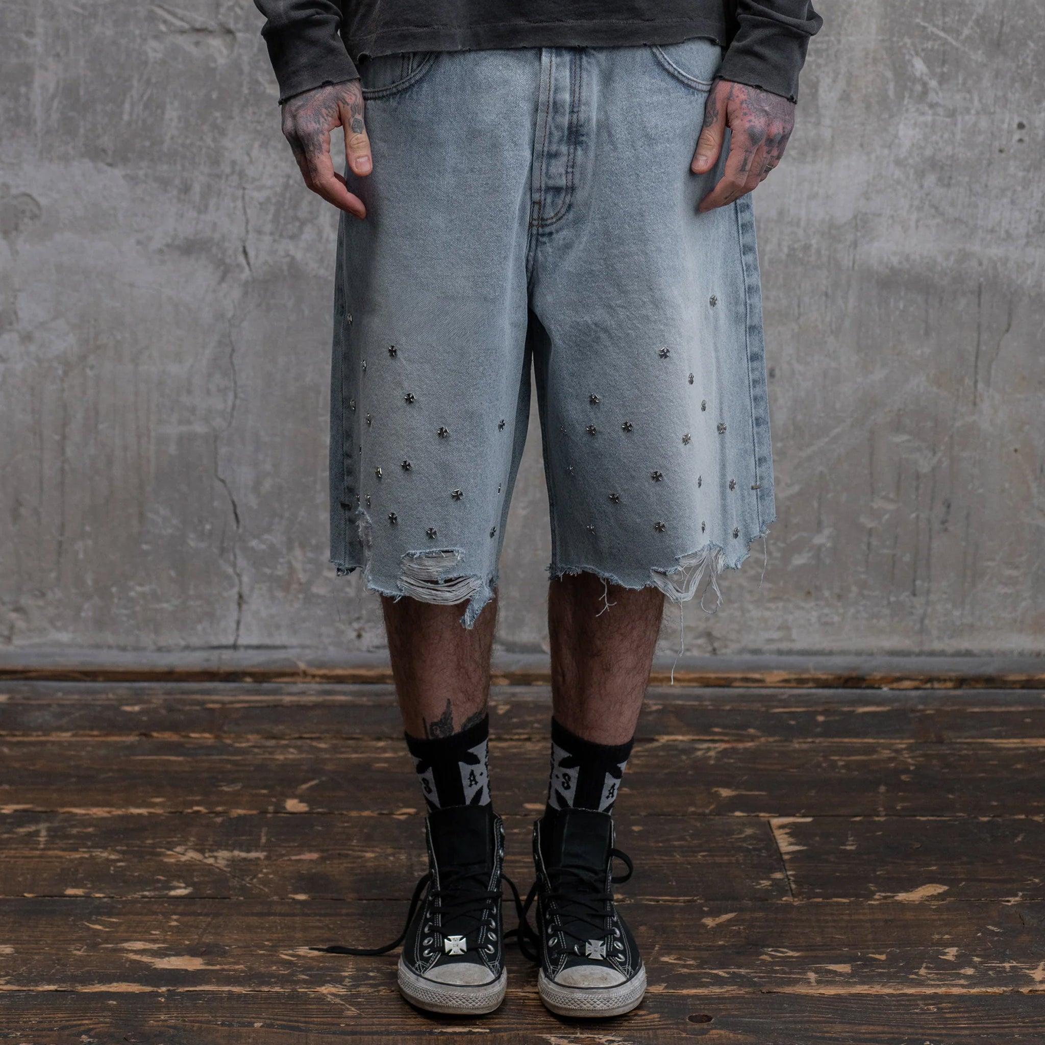 Cross Pin Baggy Jeans Shorts