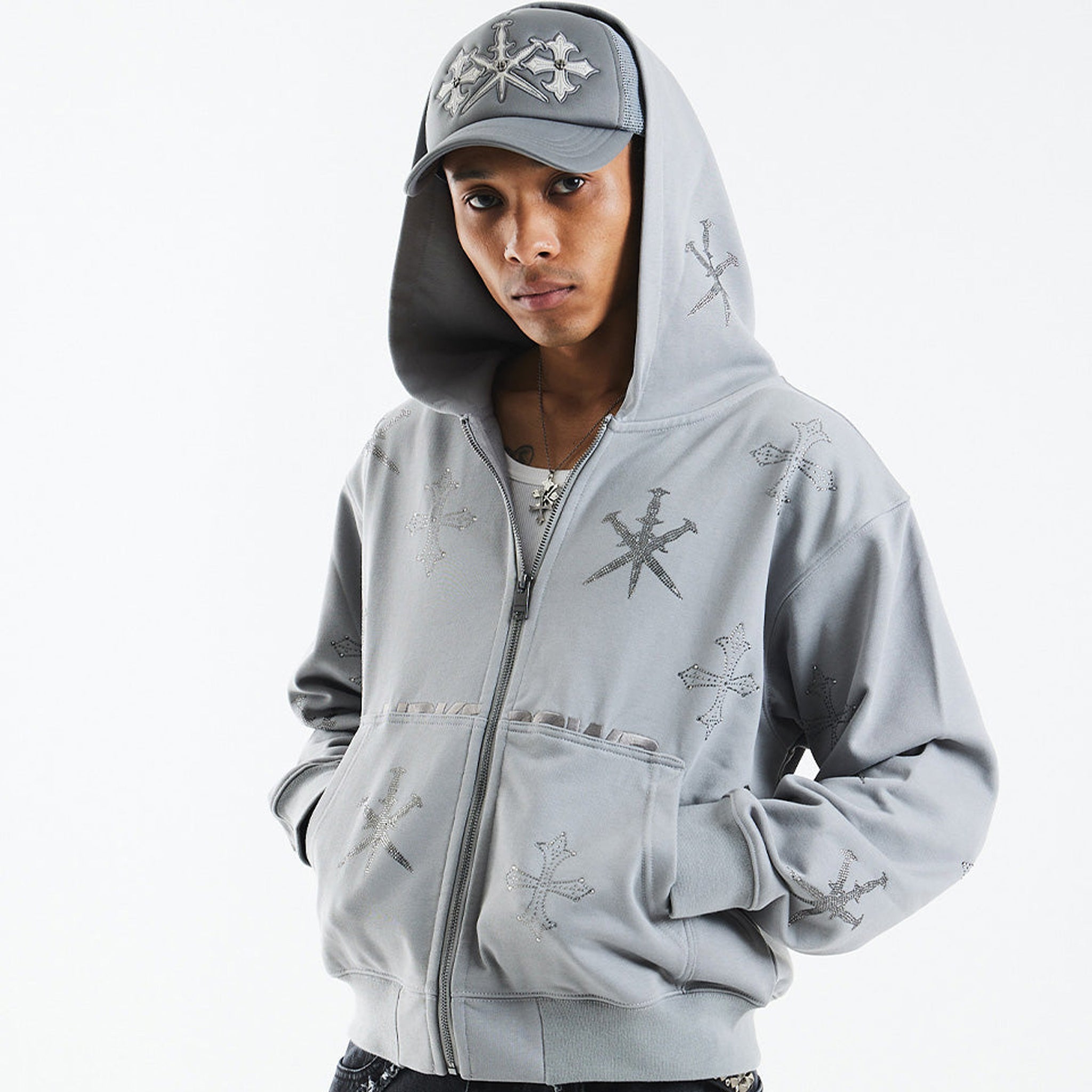 Dagger Cross Rhinestone Zip Hoodie