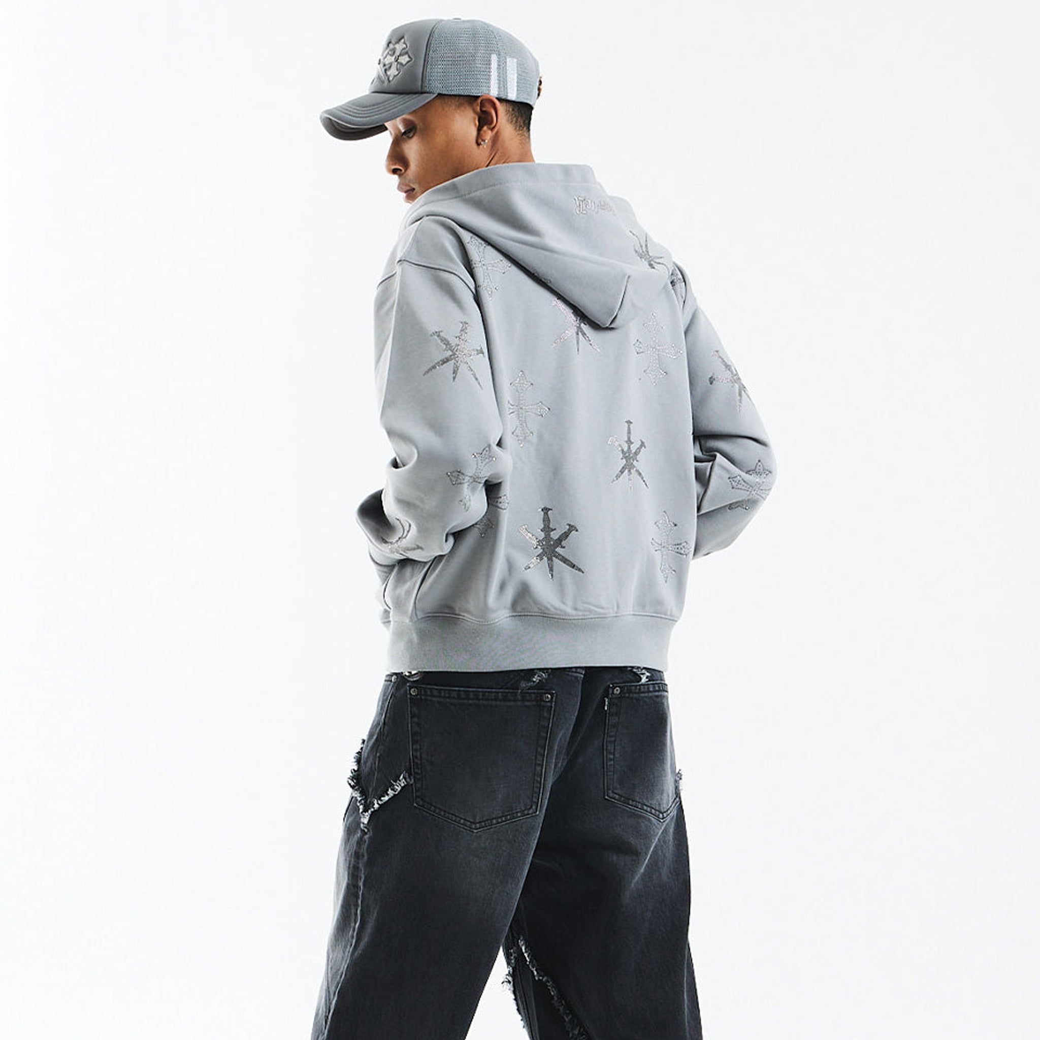 Dagger Cross Rhinestone Zip Hoodie