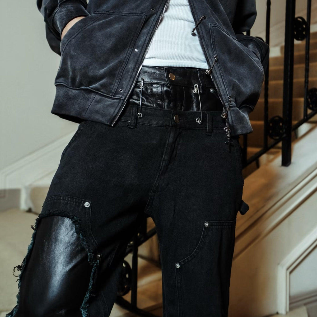 Saefty Pin Leather Denim Double Knee