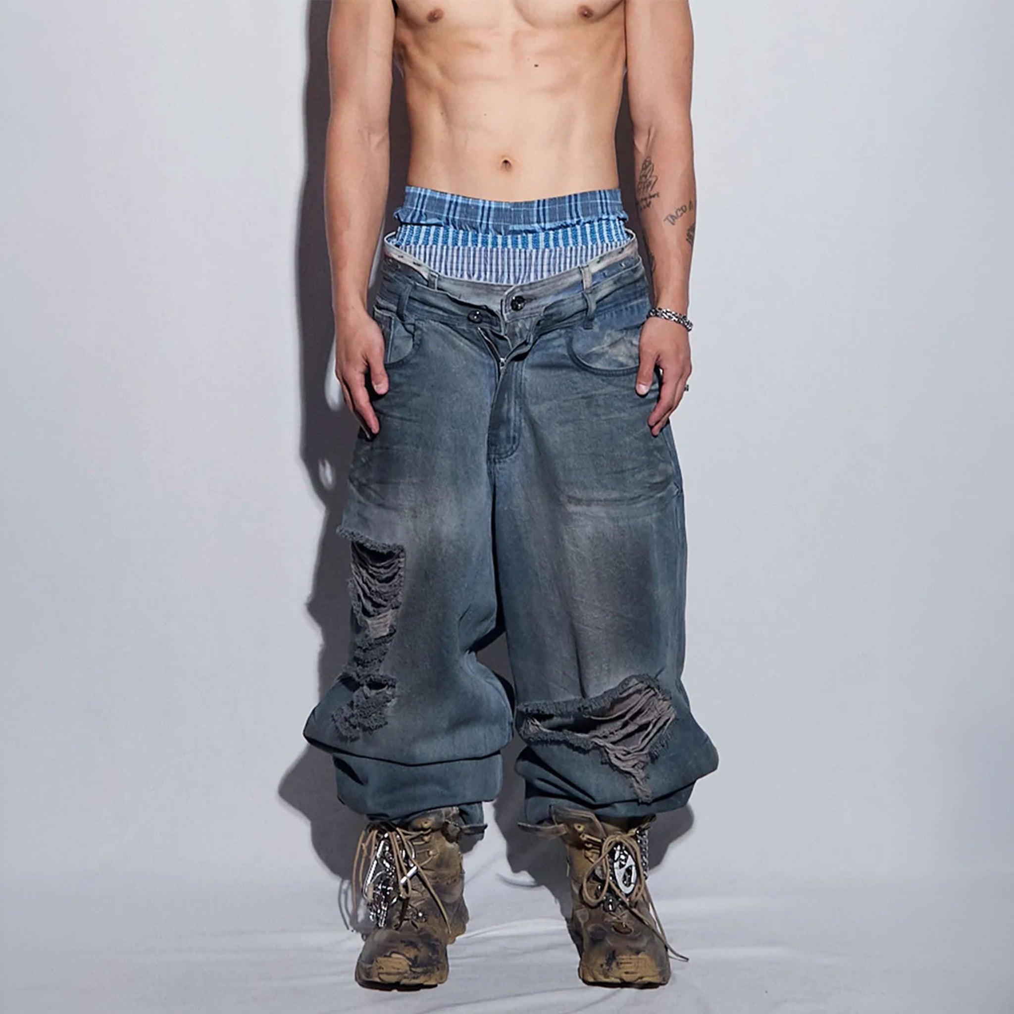 Destroyed Oil Washed Wide Denim Pants