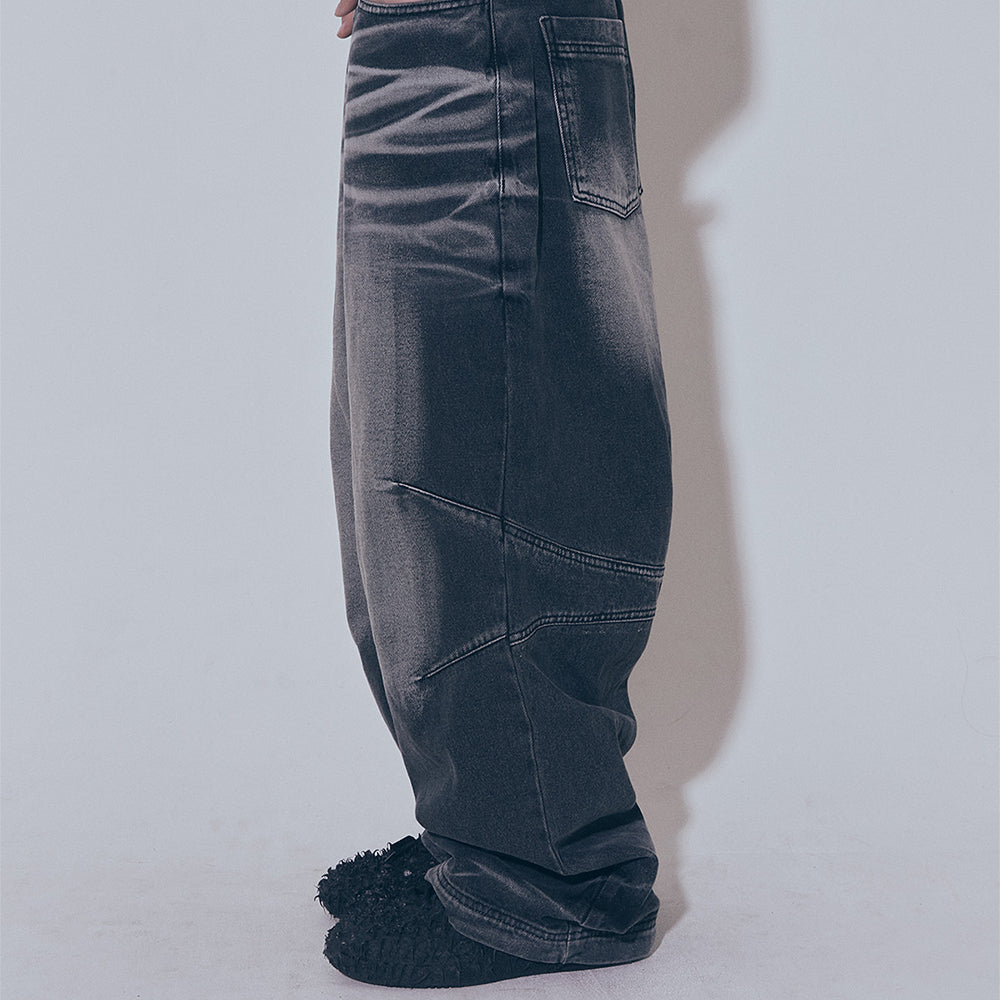 Embossed Wave Washing Wide Denim Pants