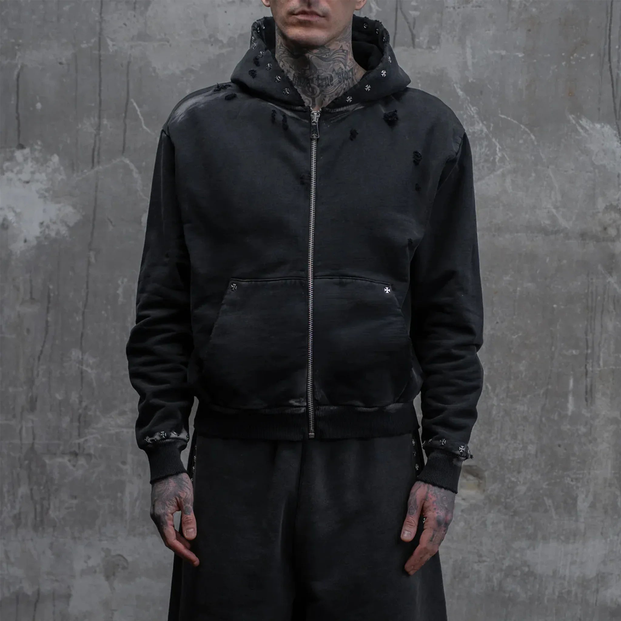 Cross Studded Destroyer Zip Hoodie