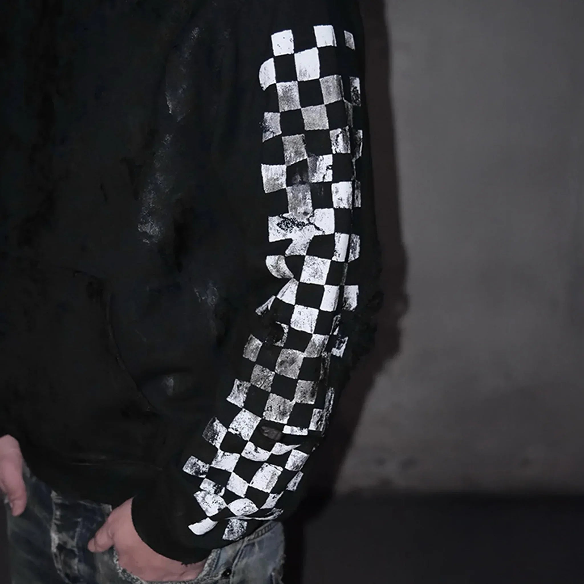 Distressed Coated Checkerboard Hoodie - EMOstanceclub - VENTURER