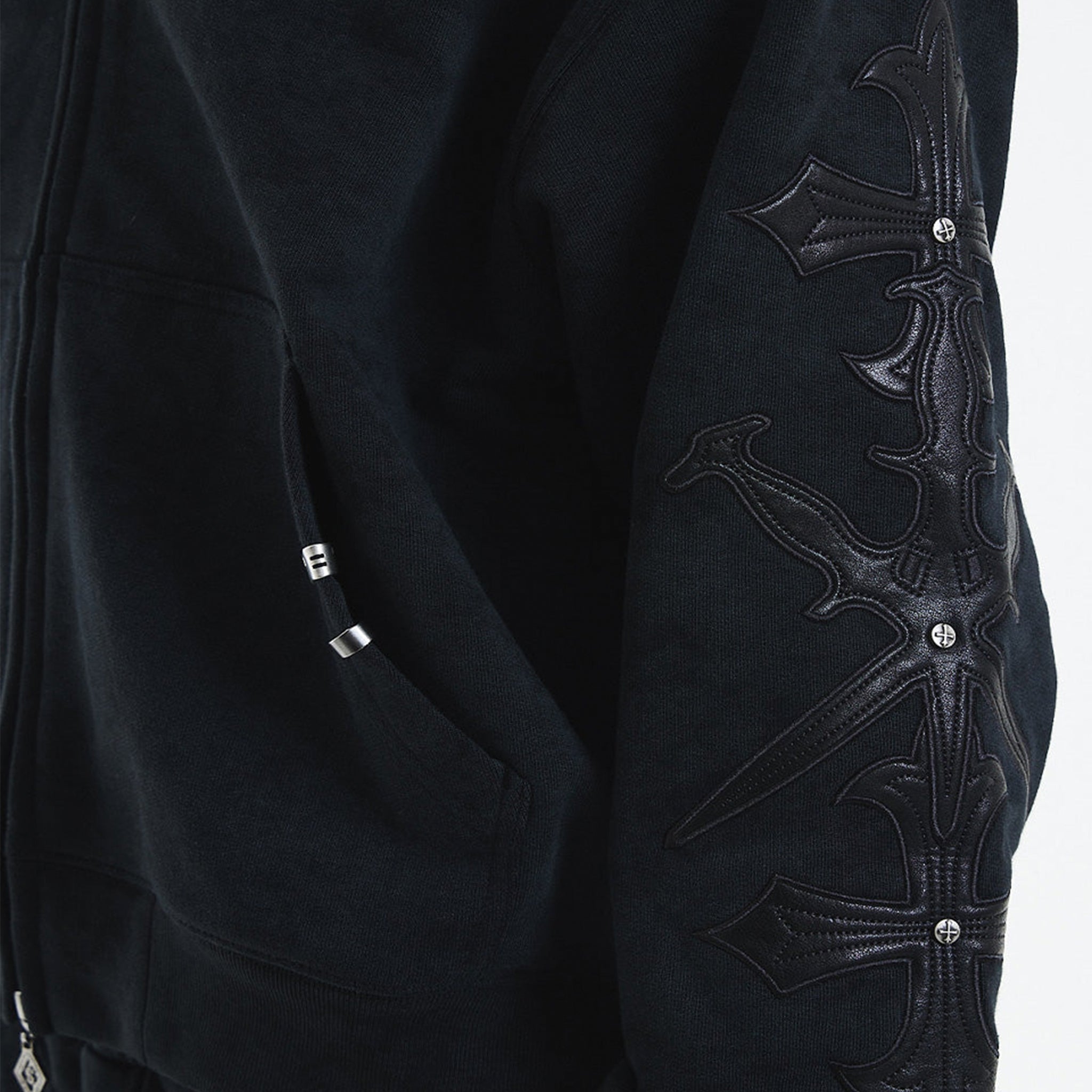 Dagger Cross Leather Patch Zip Hoodie