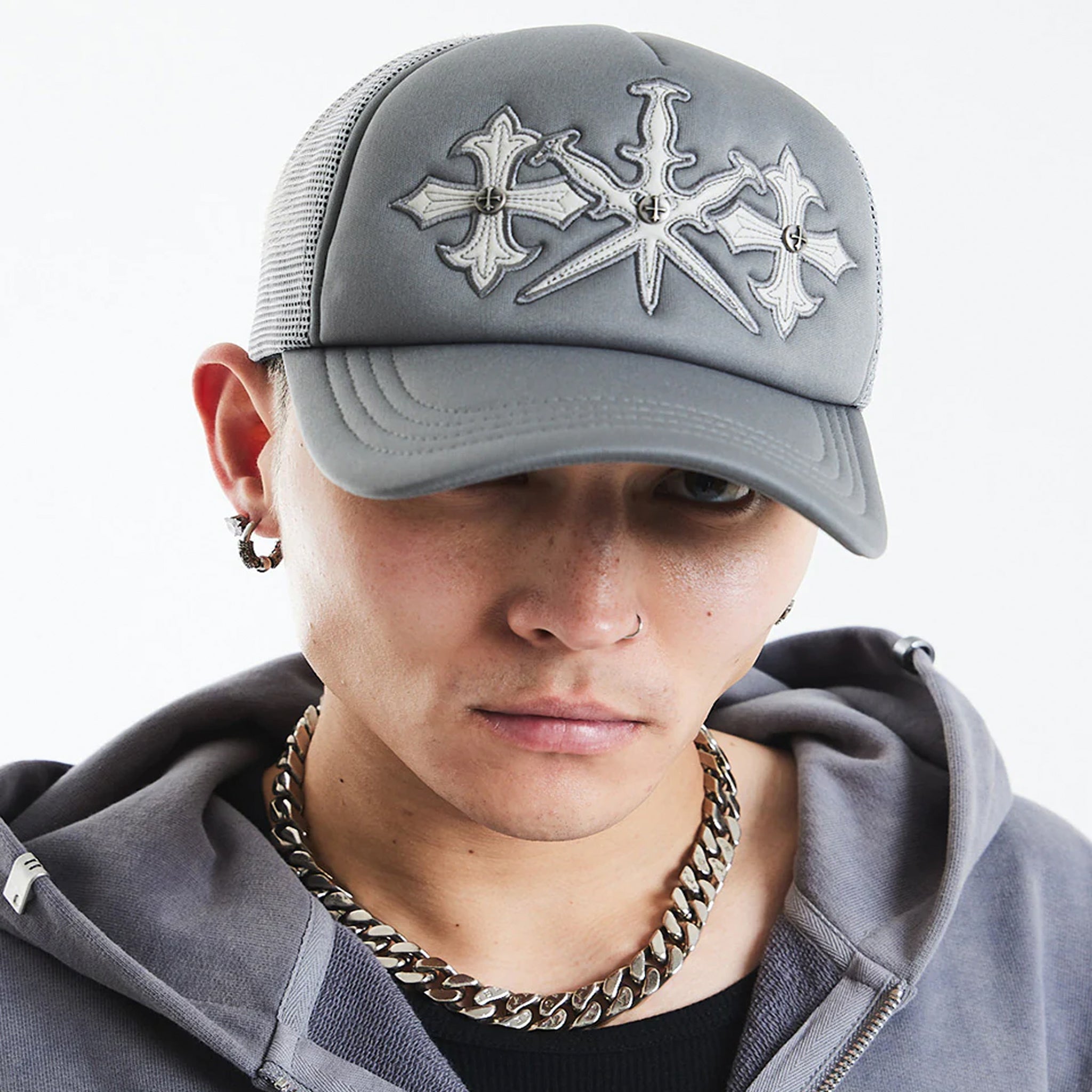 Dagger Cross Leather Patch Mesh Cap