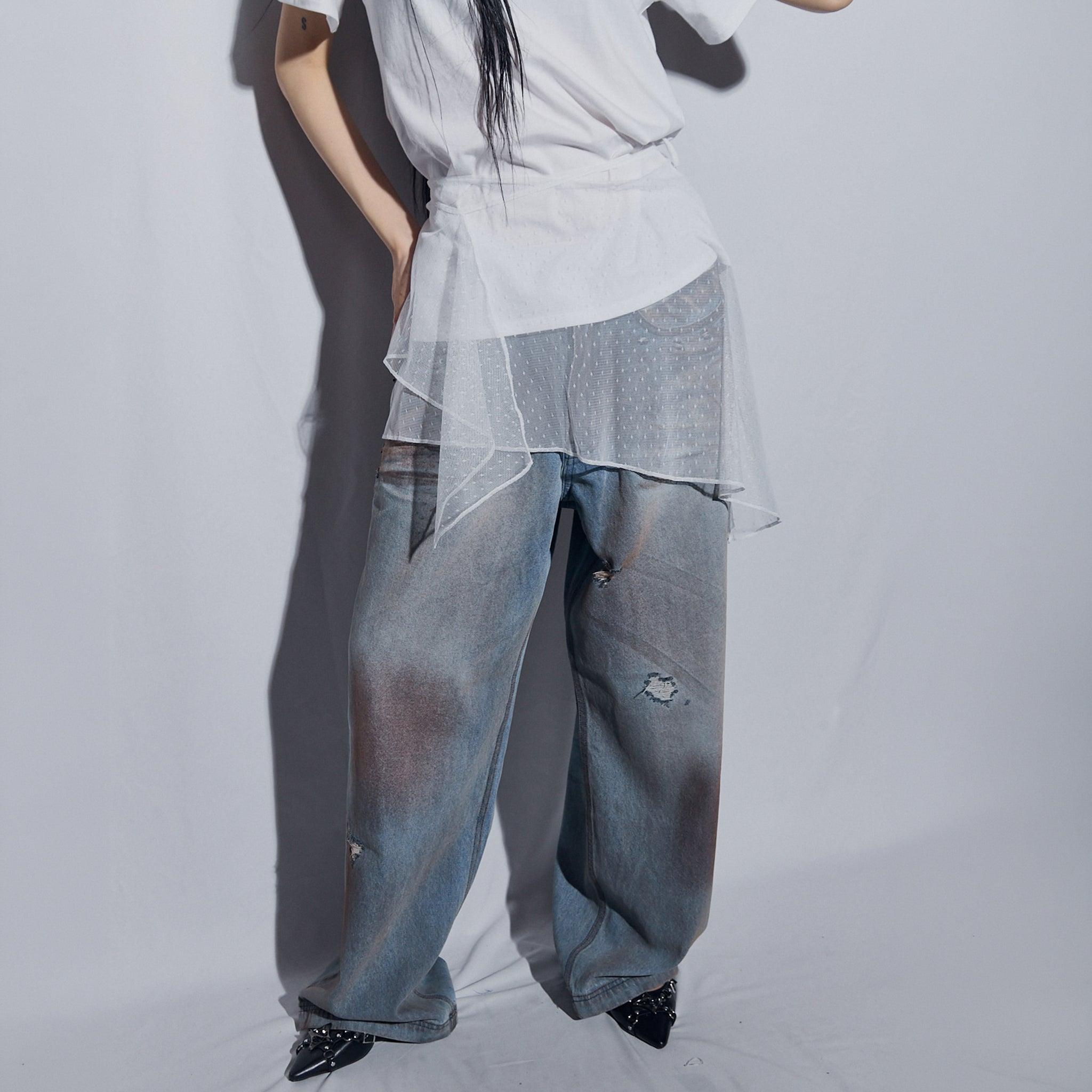 Punched Dirty Wide Denim Pants